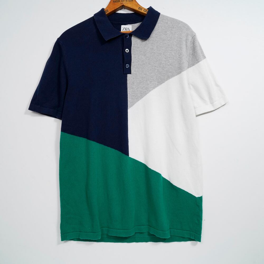ZARA Color Block Knit Polo Shirt Men’s Size L Navy Green Grey White
